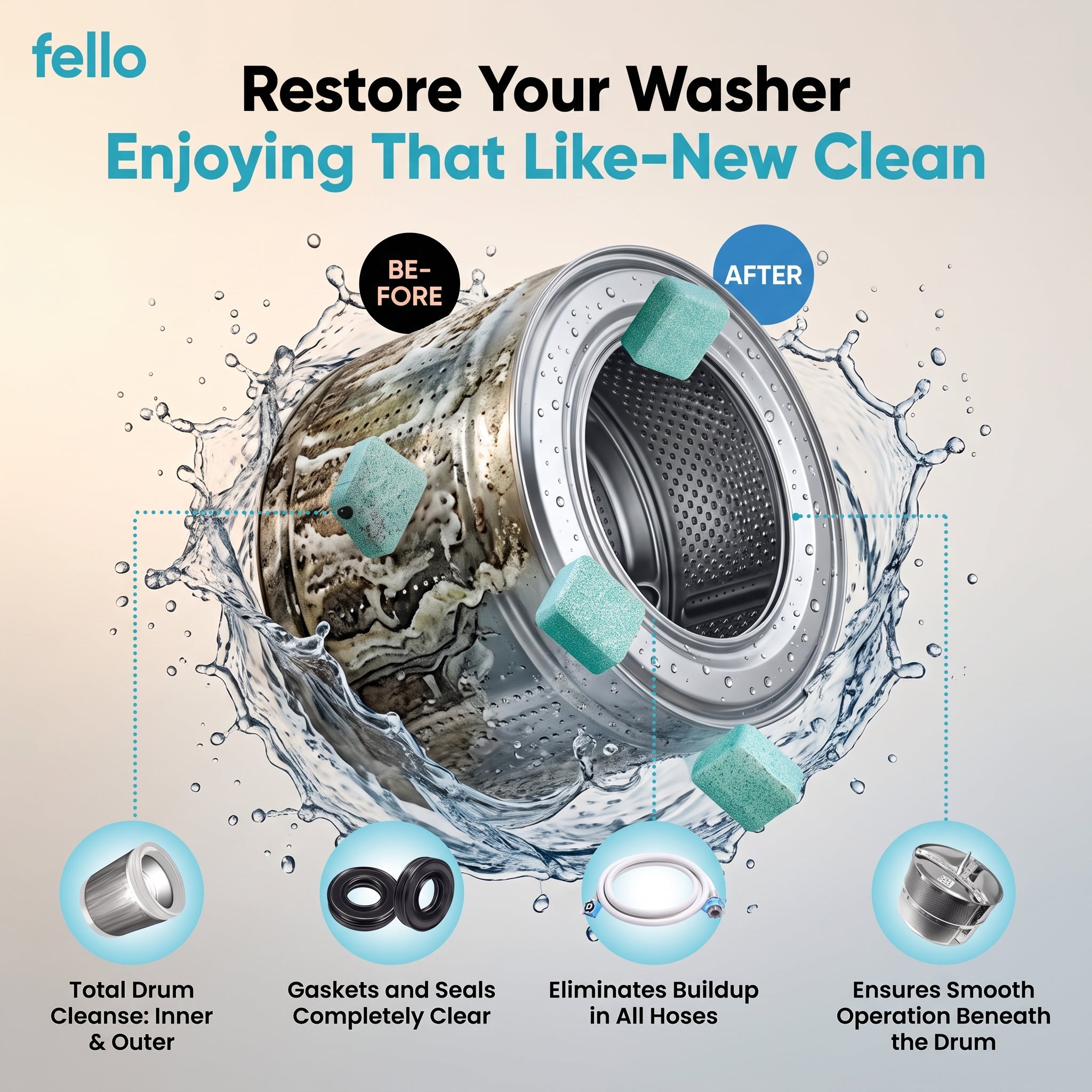 Fello™ - Washing Machine Cleaner Tablets for Pet Hair, Odor & Hidden Buildup