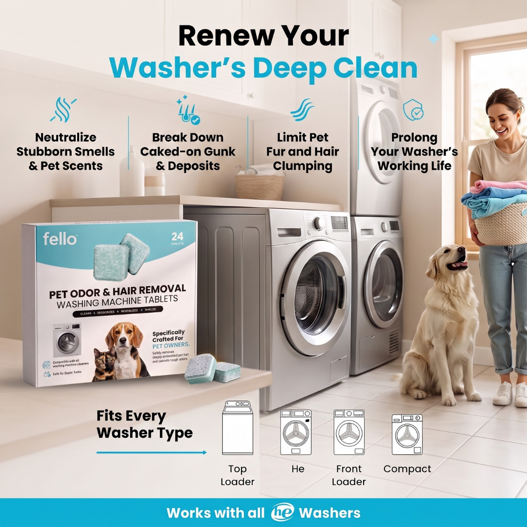 Fello™ - Washing Machine Cleaner Tablets for Pet Hair, Odor & Hidden Buildup
