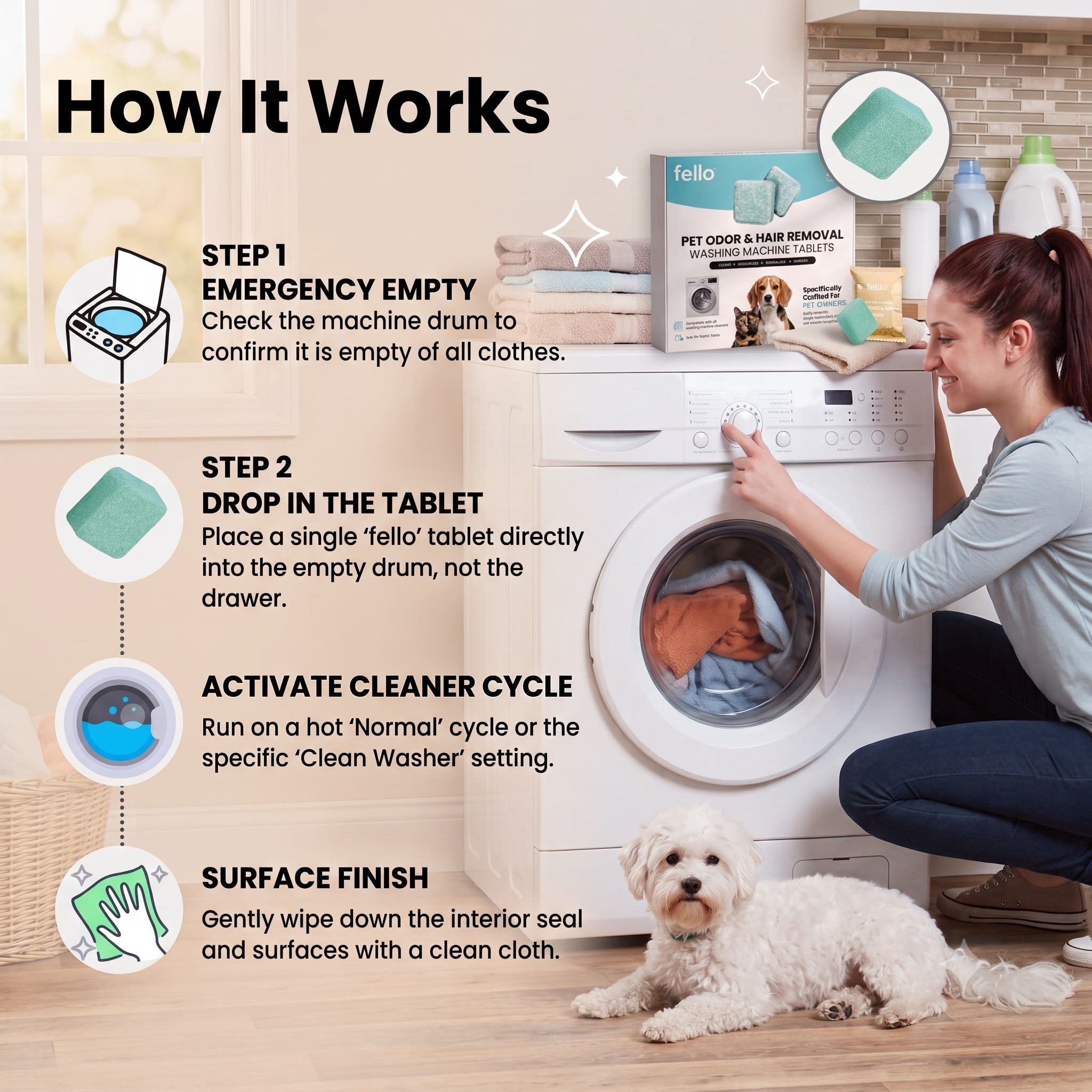 Fello™ - Washing Machine Cleaner Tablets for Pet Hair, Odor & Hidden Buildup