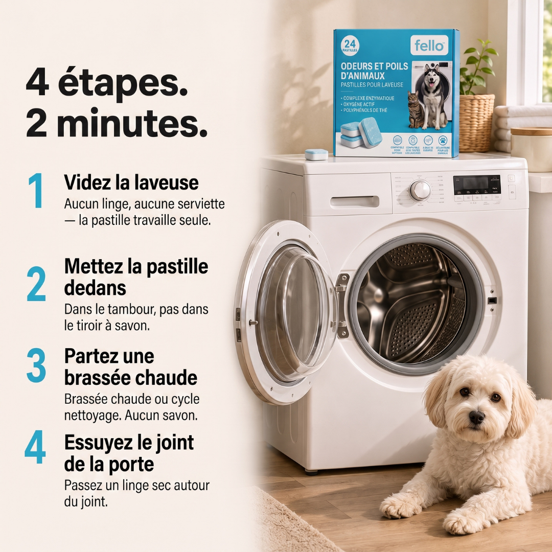 fello™ - Pastilles Nettoyantes pour Laveuse | Formule Spéciale Animaux